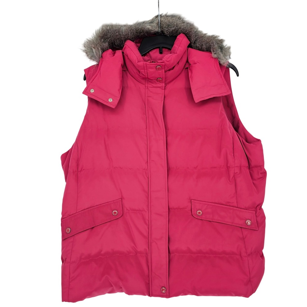 Talbots‎ Down Filled Faux Fur Puffer Vest Plus Sz 2X Pink Hooded Full Zip Snap